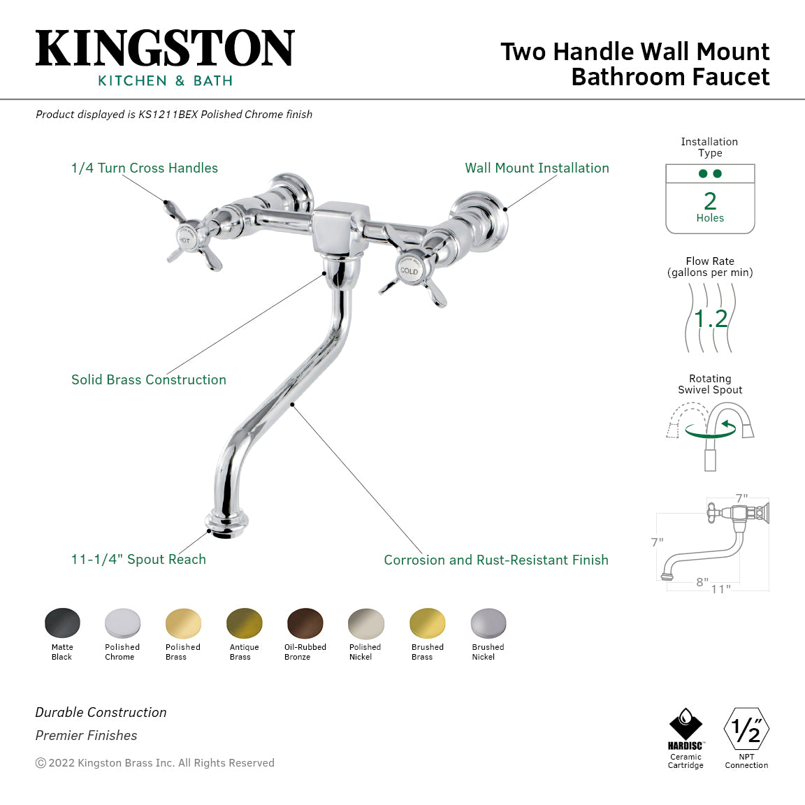 Kingston Heirloom KS1212BEX - Essex Double-Handle 2-Hole Wall Mount Bathroom Faucet, Polished Brass — thumbnail 2